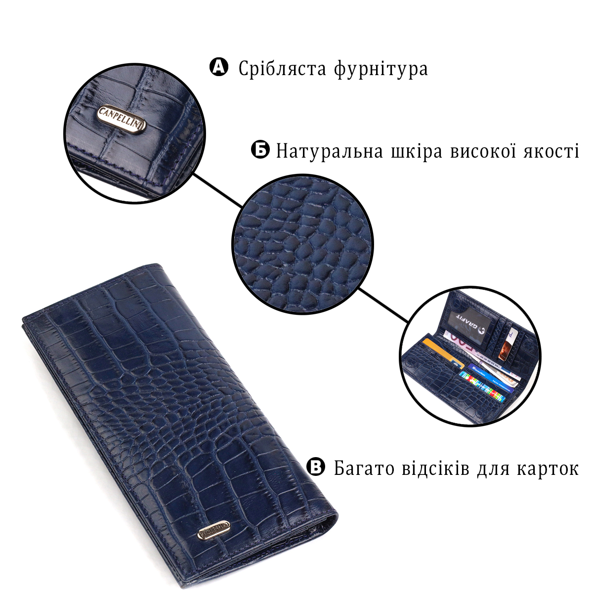 Красивий чоловічий вертикальний гаманець із натуральної шкіри з тисненням під крокодила CANPELLINI Синій