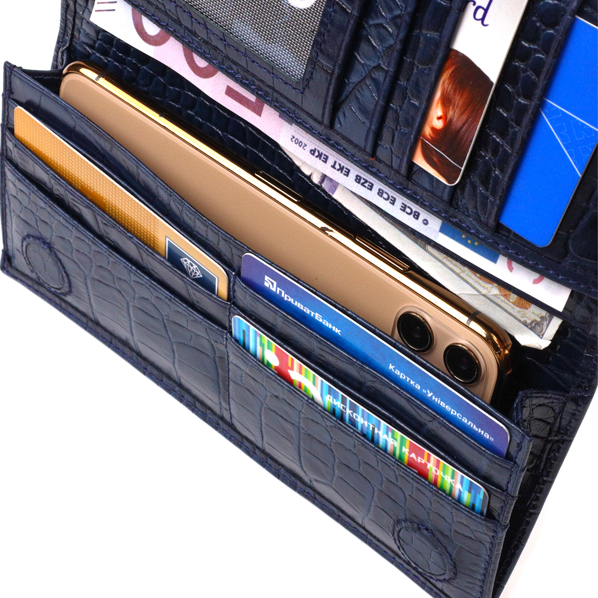 Красивий чоловічий вертикальний гаманець із натуральної шкіри з тисненням під крокодила CANPELLINI Синій