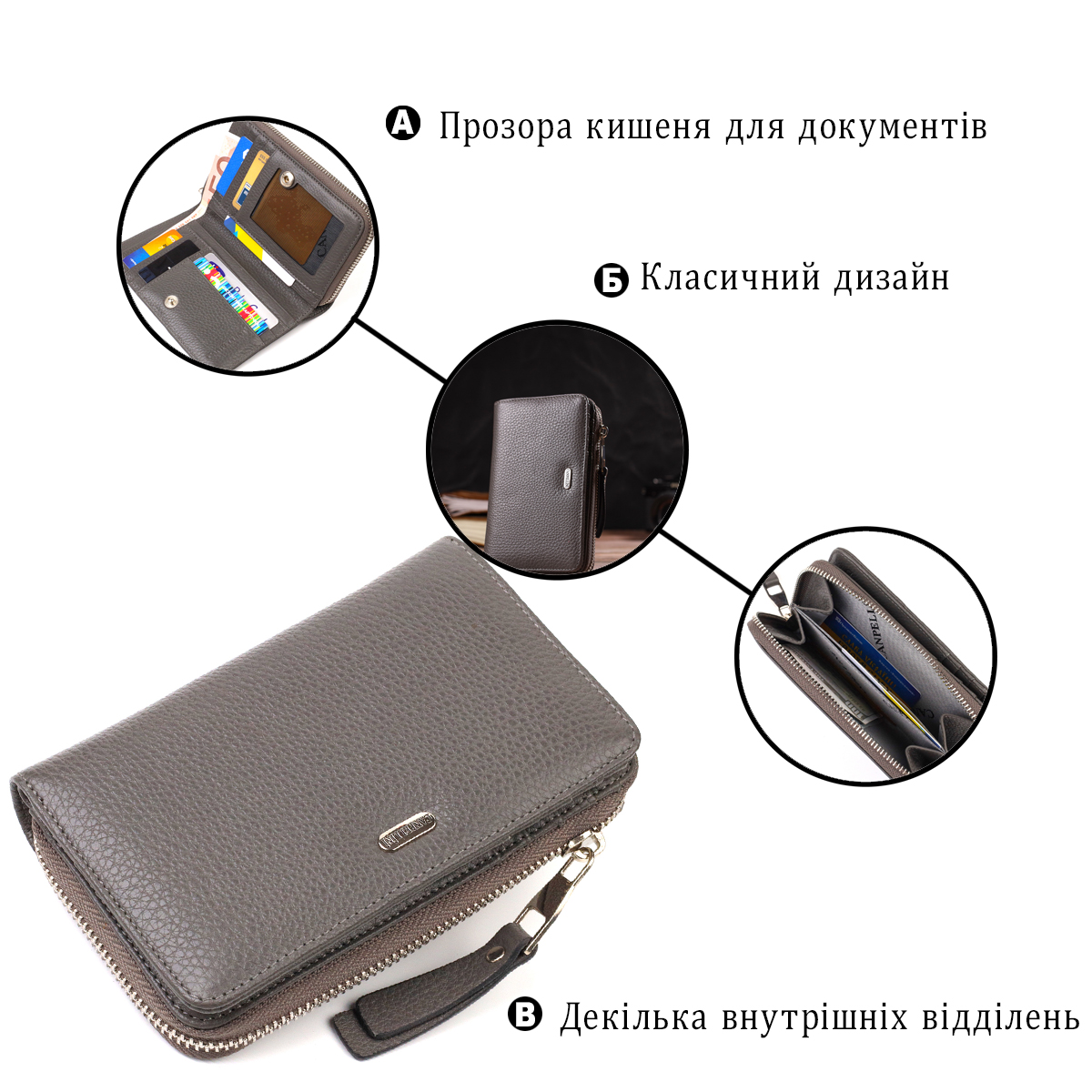 Відмінне жіноче портмоне середнього розміру з натуральної шкіри CANPELLINI Сіре