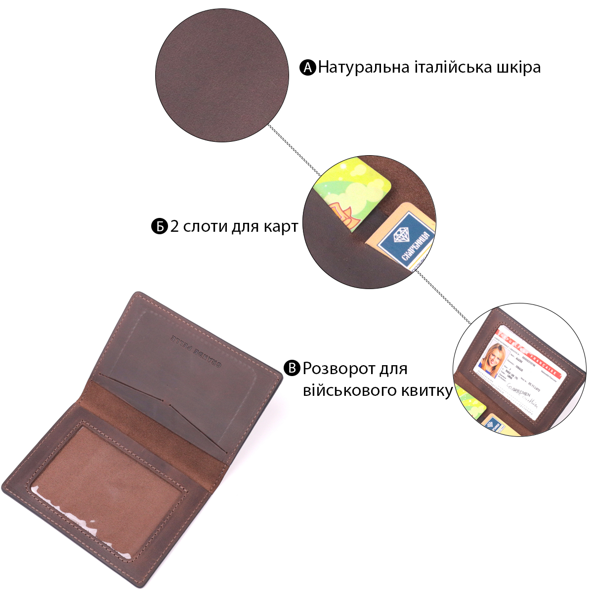 Добротна обкладинка на військовий квиток із вінтажної шкіри Слава ЗСУ GRANDE PELLE Коричнева