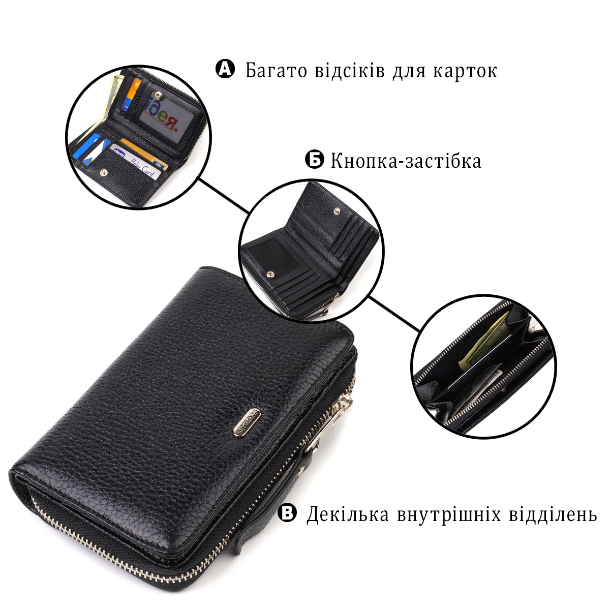 Класичне жіноче портмоне середнього розміру з натуральної шкіри CANPELLINI Чорне