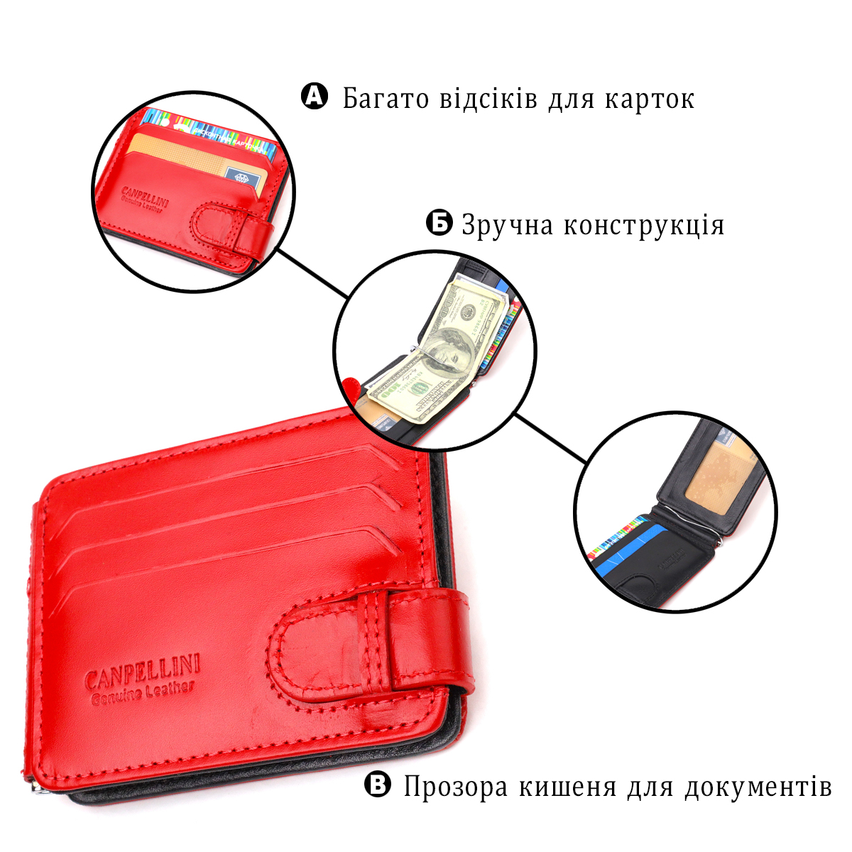 Жіночий затискач для грошей з натуральної гладкої шкіри CANPELLINI Червоний