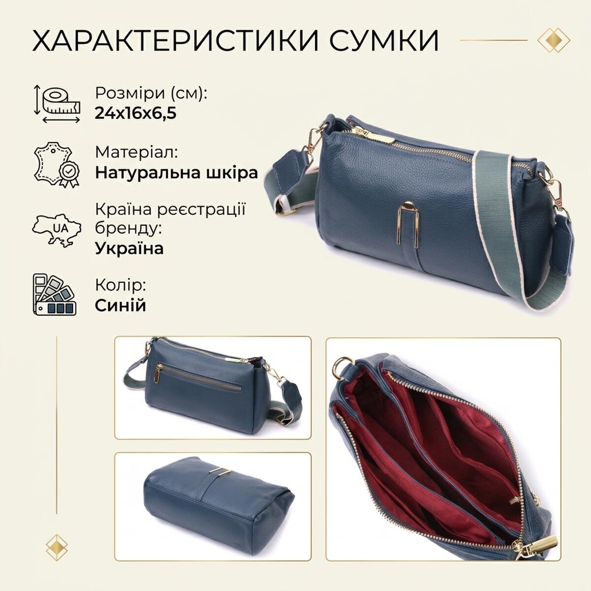 Жіноча практична сумка через плече з натуральної шкіри Vintage Синя