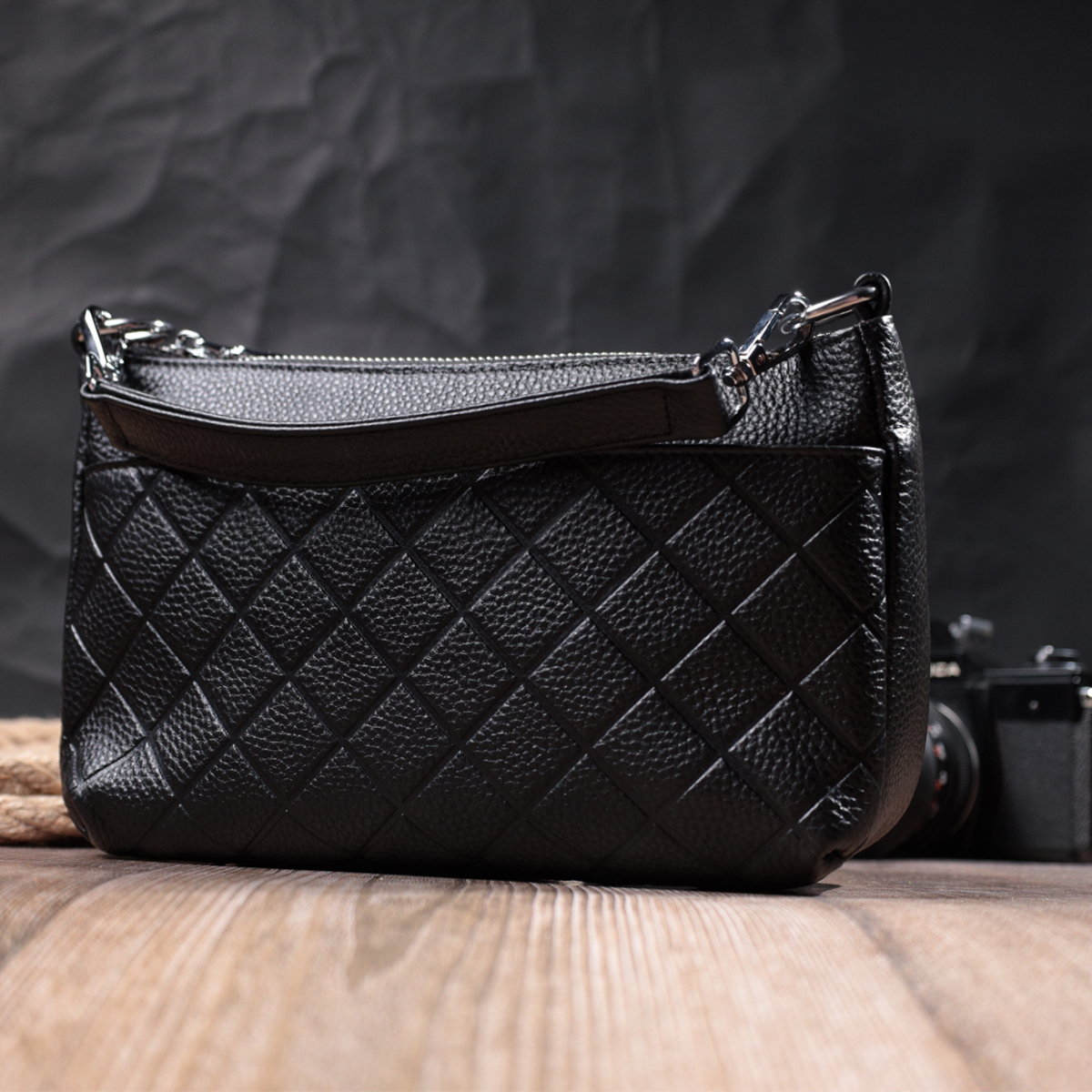 Елегантна сумка для жінок на три відділення з натуральної шкіри Vintage Чорний