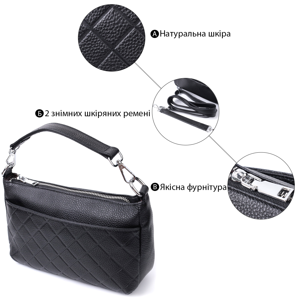 Елегантна сумка для жінок на три відділення з натуральної шкіри Vintage Чорний