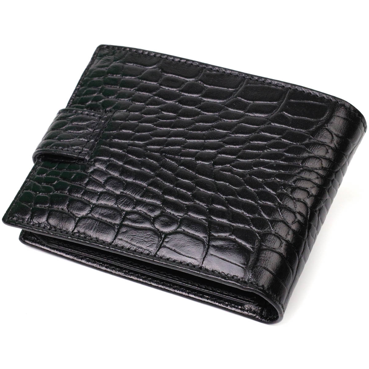 Вместительный небольшой бумажник для мужчин из натуральной кожи с тиснением под крокодила BOND Черный