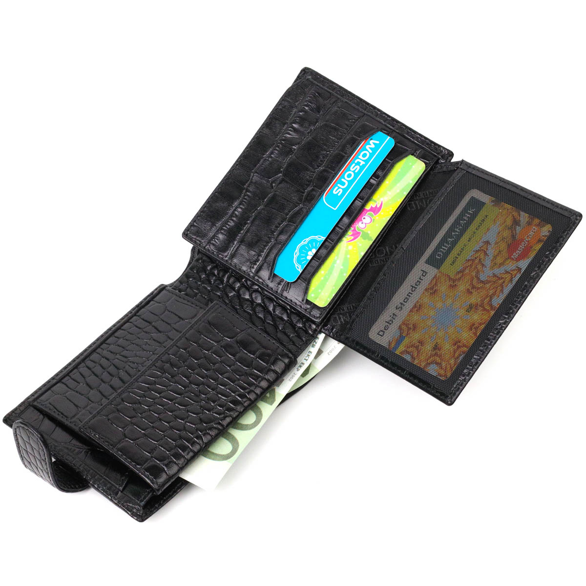Вместительный небольшой бумажник для мужчин из натуральной кожи с тиснением под крокодила BOND Черный