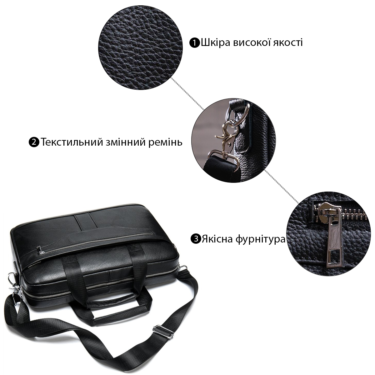 Ділова чоловіча сумка з зернистої шкіри Vintage Чорна