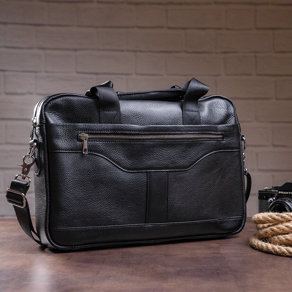 Ділова чоловіча сумка з зернистої шкіри Vintage Чорна