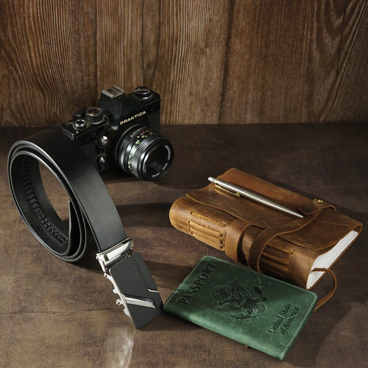 Ремінь чоловічий з чорною матовою пряжкою Vintage Чорний