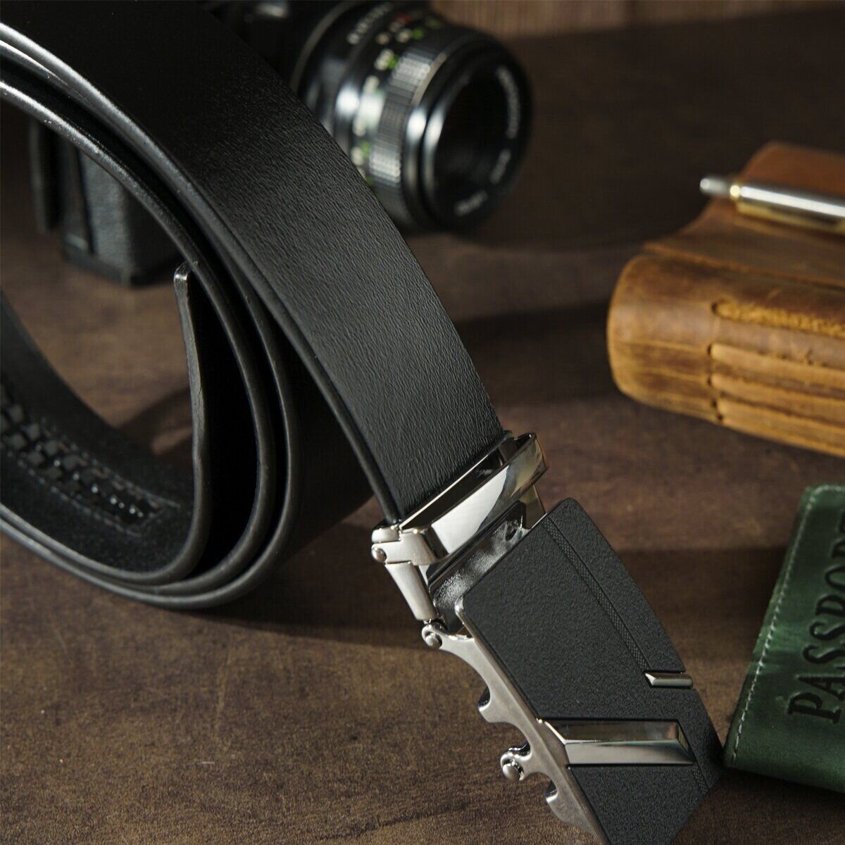Ремінь чоловічий з чорною матовою пряжкою Vintage Чорний