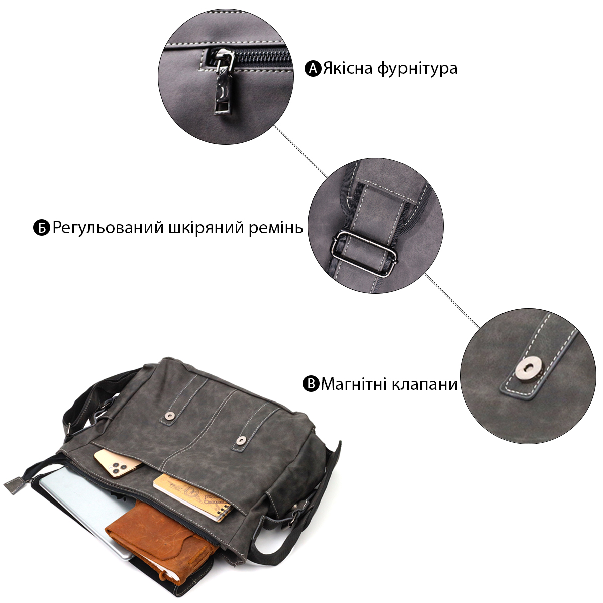 Містка чоловіча сумка зі шкірозамінника Vintage Сірий