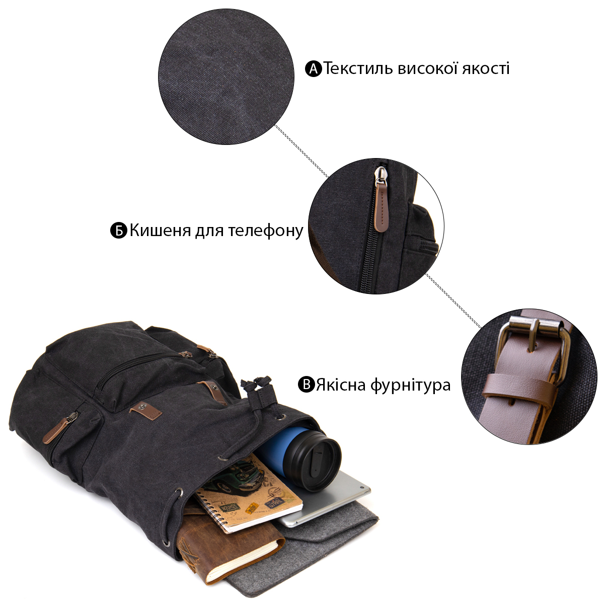 Рюкзак туристический текстильный унисекс Vintage Черный