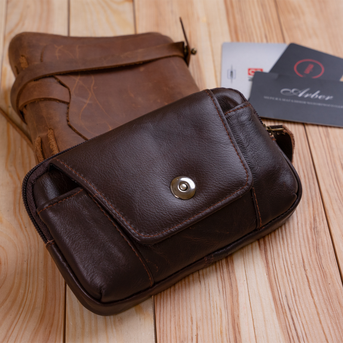 Горизонтальная барсетка на ремень брюк кожаная Vintage Коричневая