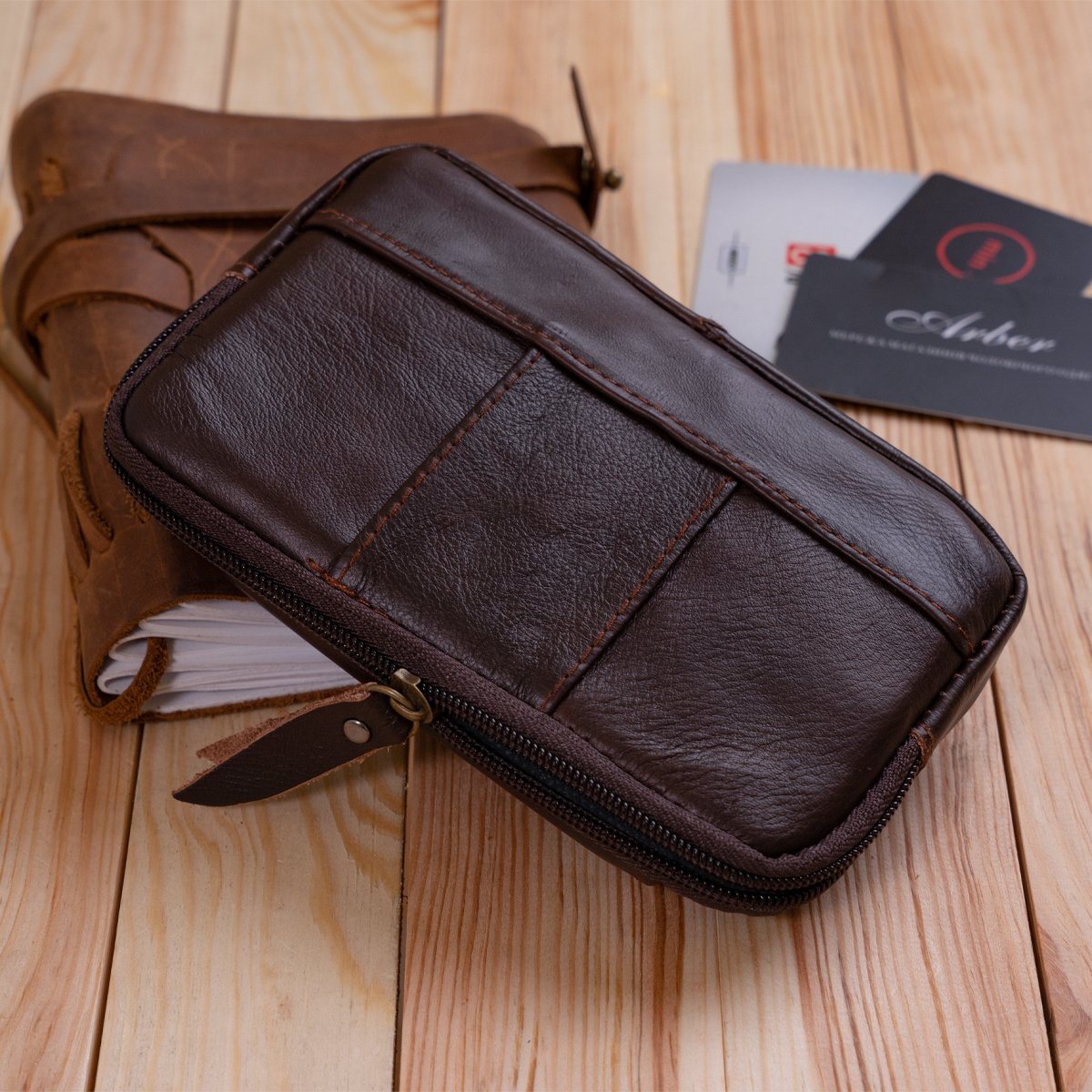 Горизонтальная барсетка на ремень брюк кожаная Vintage Коричневая