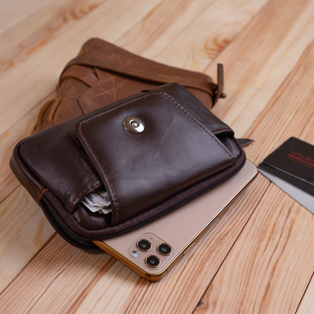 Горизонтальная барсетка на ремень брюк кожаная Vintage Коричневая