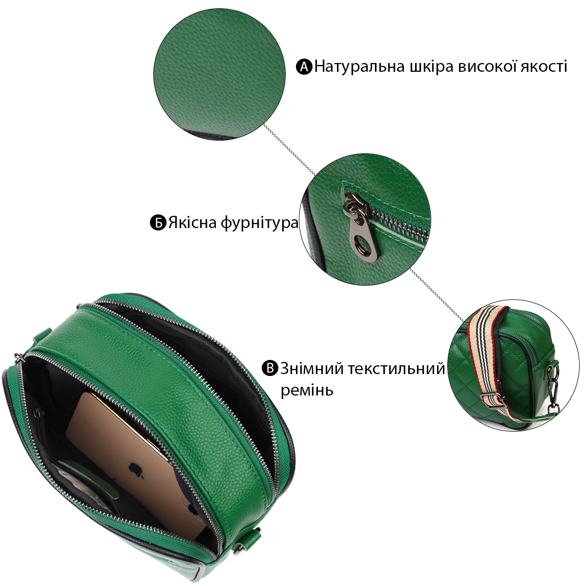 Жіноча прямокутна сумка крос-боді з натуральної шкіри Vintage Зелена