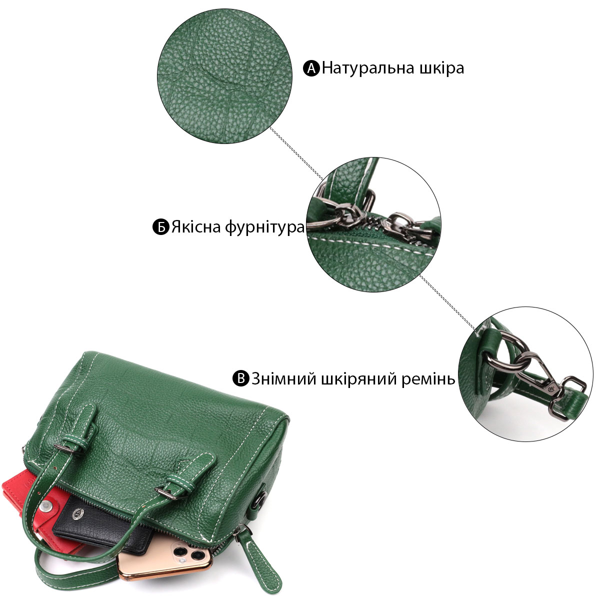 Небольшая женская сумка с двумя ручками из натуральной кожи Vintage Зеленая