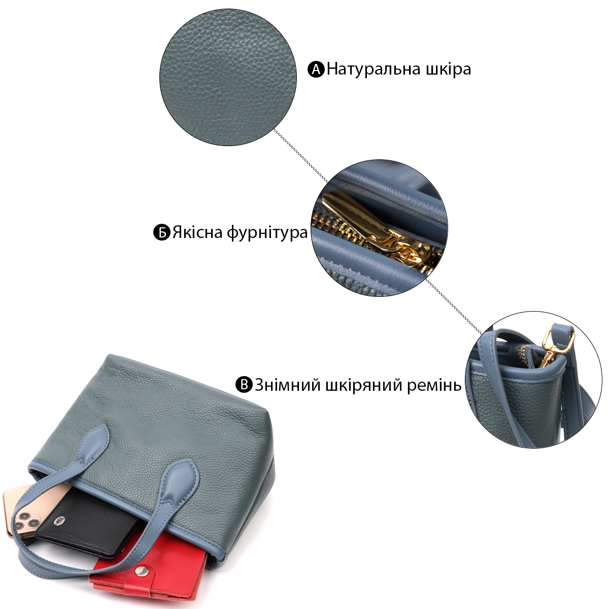 Елегантна сумка з двома ручками з натуральної шкіри Vintage Блакитна