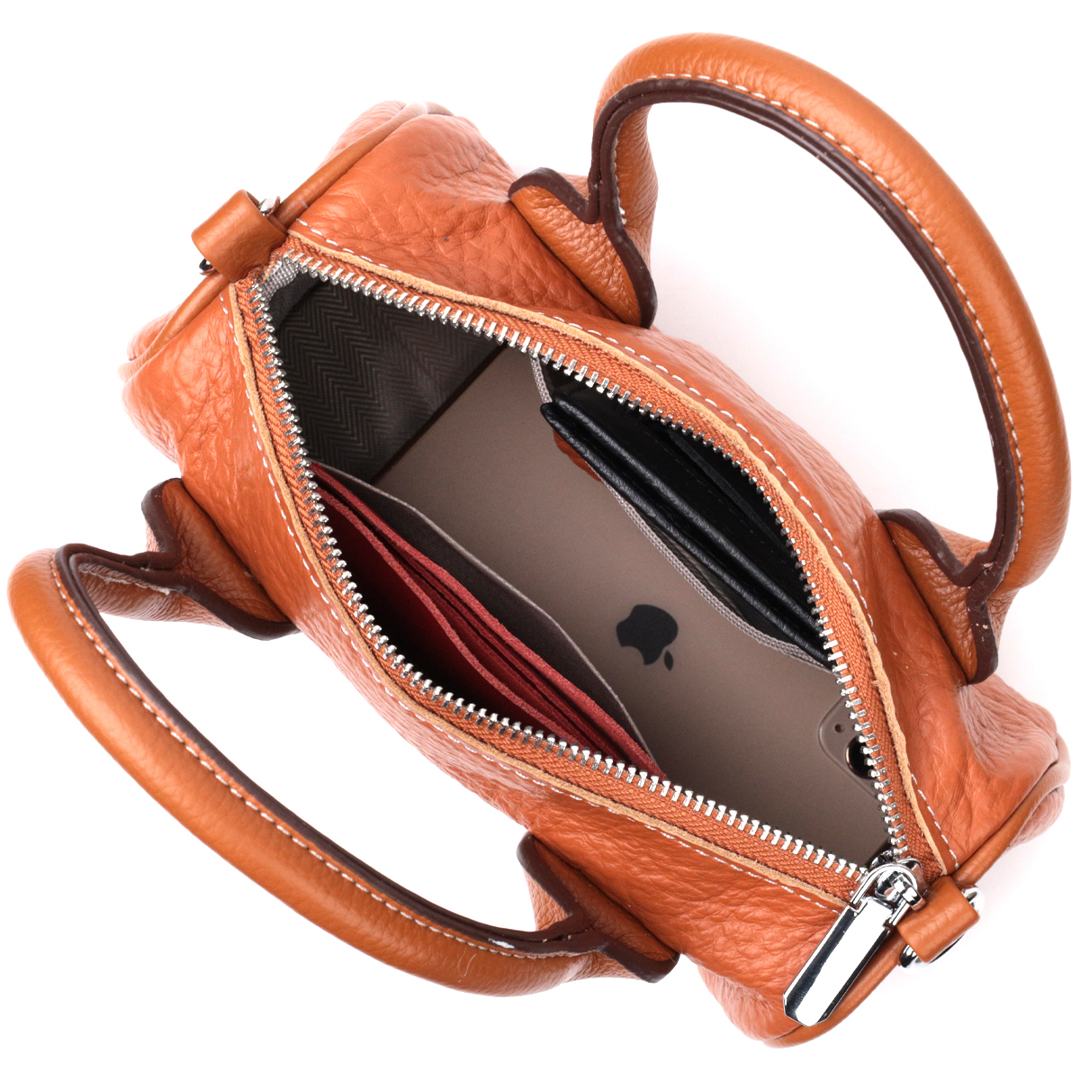 Жіноча сумка з металевими акцентами на ручках з натуральної шкіри Vintage Коричнева