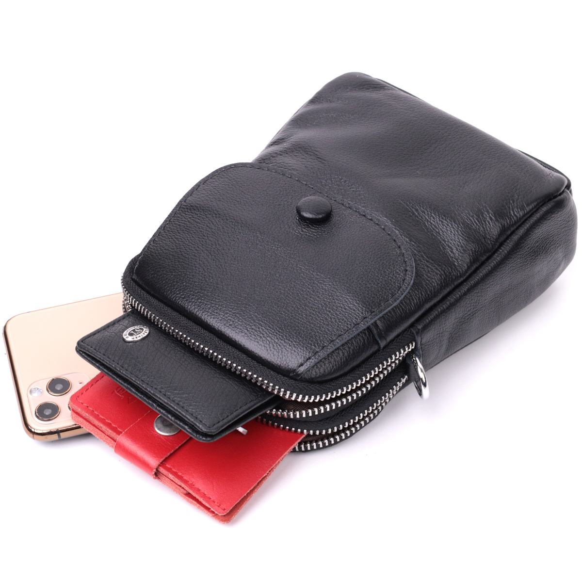 Вертикальна невелика сумка для жінок на два відділення з натуральної шкіри Vintage Чорна