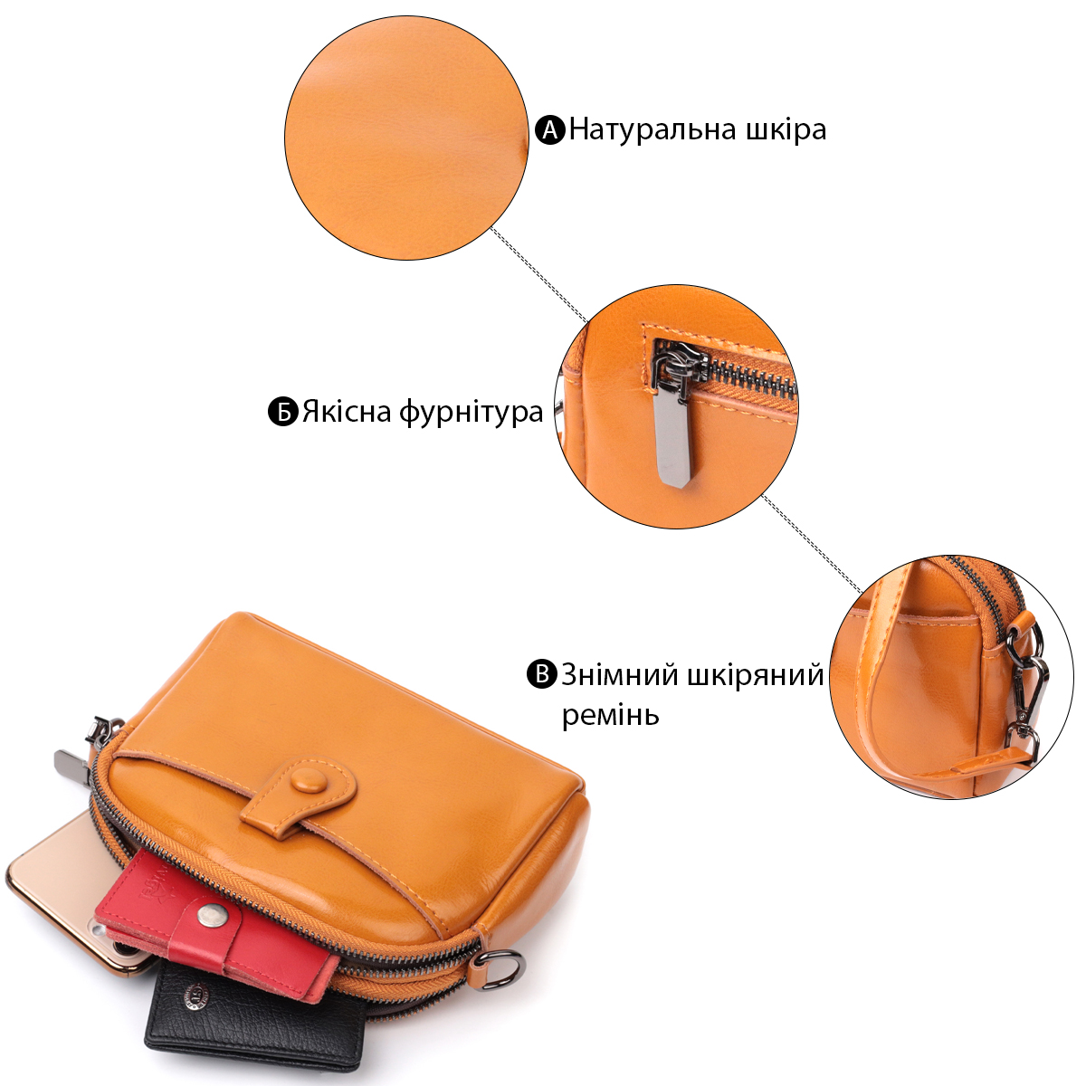 Жіноча шкіряна сумка з глянсовою поверхнею Vintage Помаранчевий