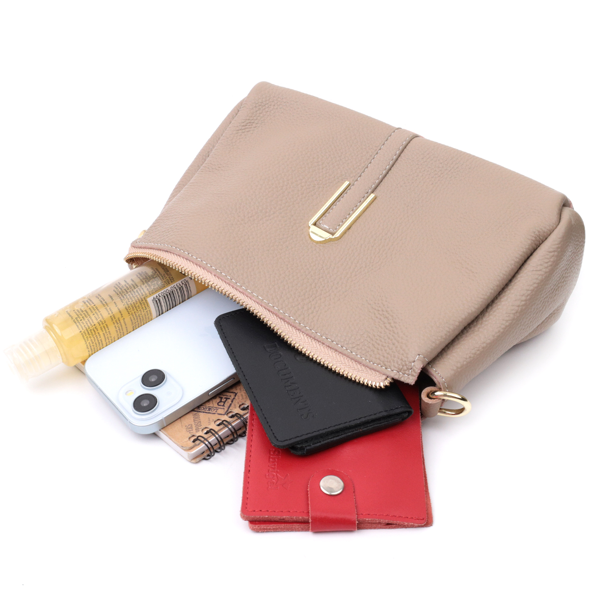 Кожаная женская сумка с металлическим украшением посередине Vintage Бежевая