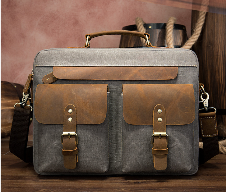 Сумка-портфель мужская текстильная с кожаными вставками Vintage Cерая