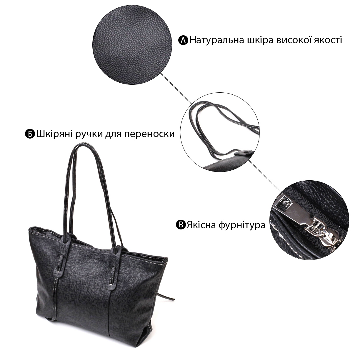 Вместительная женская сумка из натуральной кожи Vintage Черная