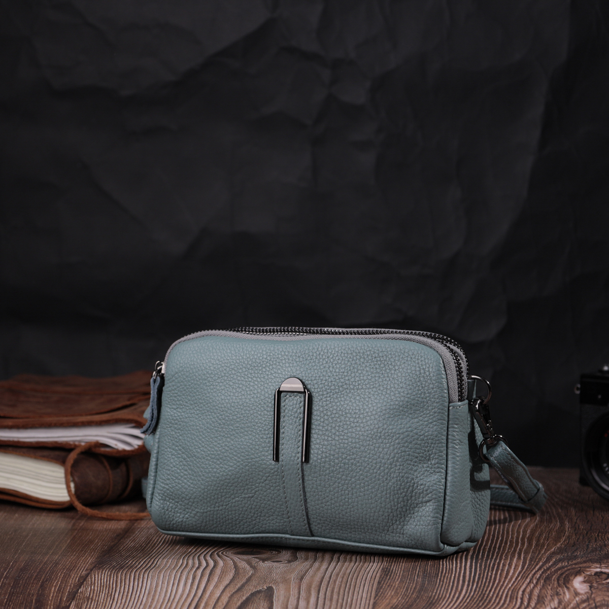 Жіноча повсякденна сумка на два відділення з натуральної шкіри Vintage Блакитна