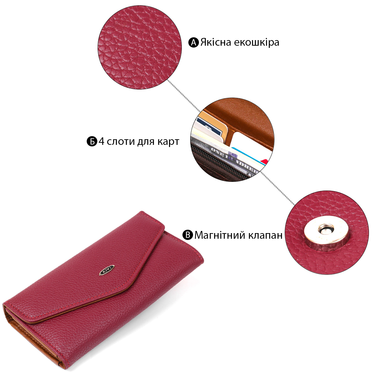 Кошелек женский из экокожи флотар KIVI Малиновый