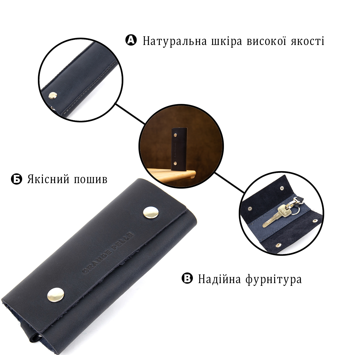 Ключниця тубус шкіряна на кнопках Grande Pelle Синя