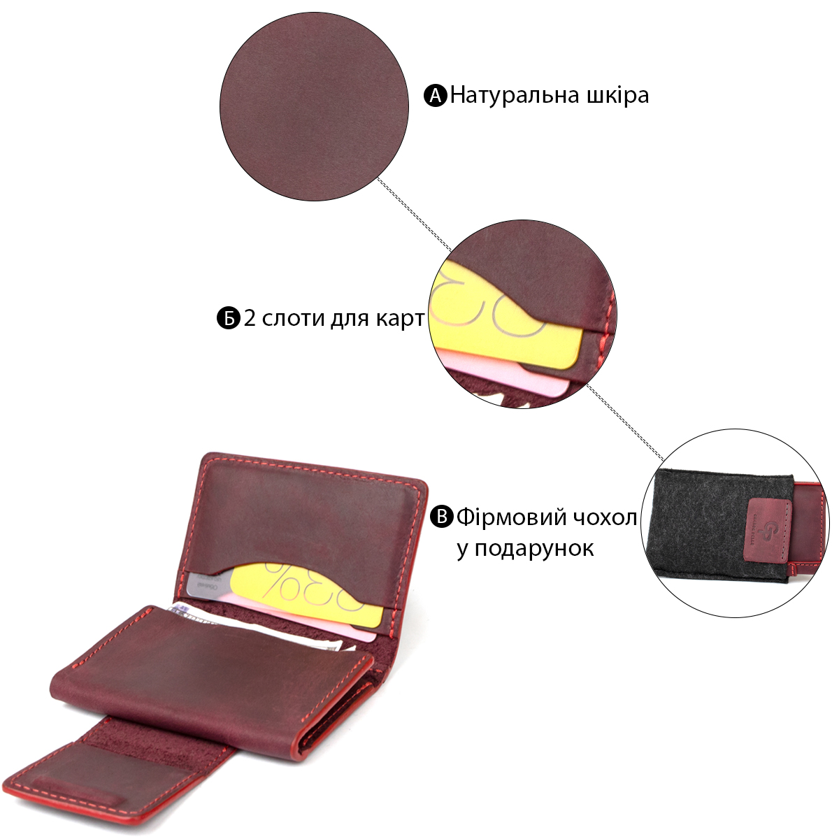 Вінтажна шкіряна візитниця GRANDE PELLE Бордовий