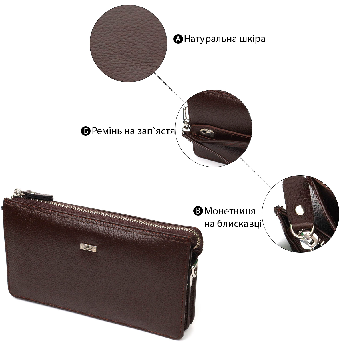 Мужской клатч на два отделения из натуральной кожи флотар BOND Коричневый