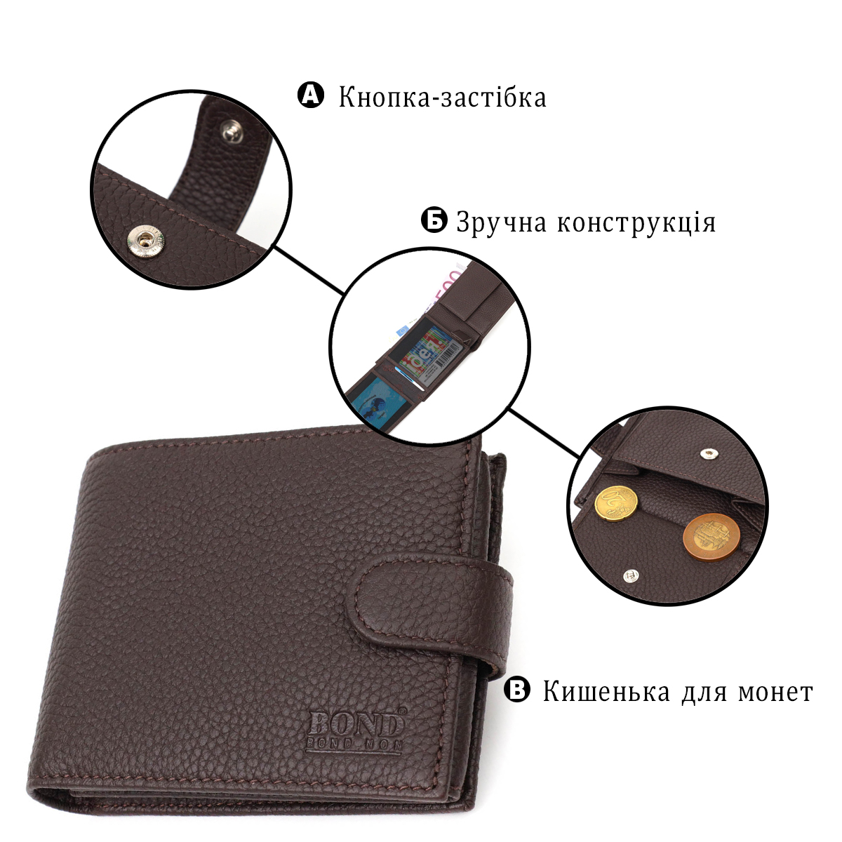 Горизонтальный мужской кошелек из натуральной кожи флотар BOND Коричневый