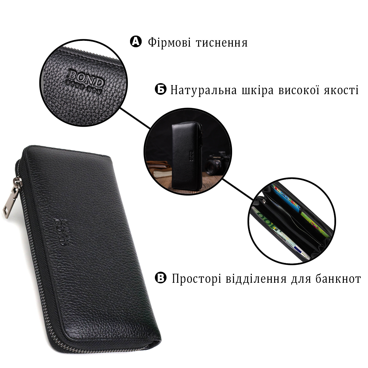 Чудовий жіночий гаманець із натуральної зернистої шкіри BOND Чорний